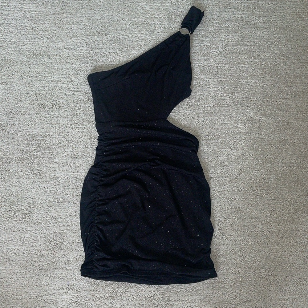 Lucy In The Sky black one strap glittery mini homecoming dress